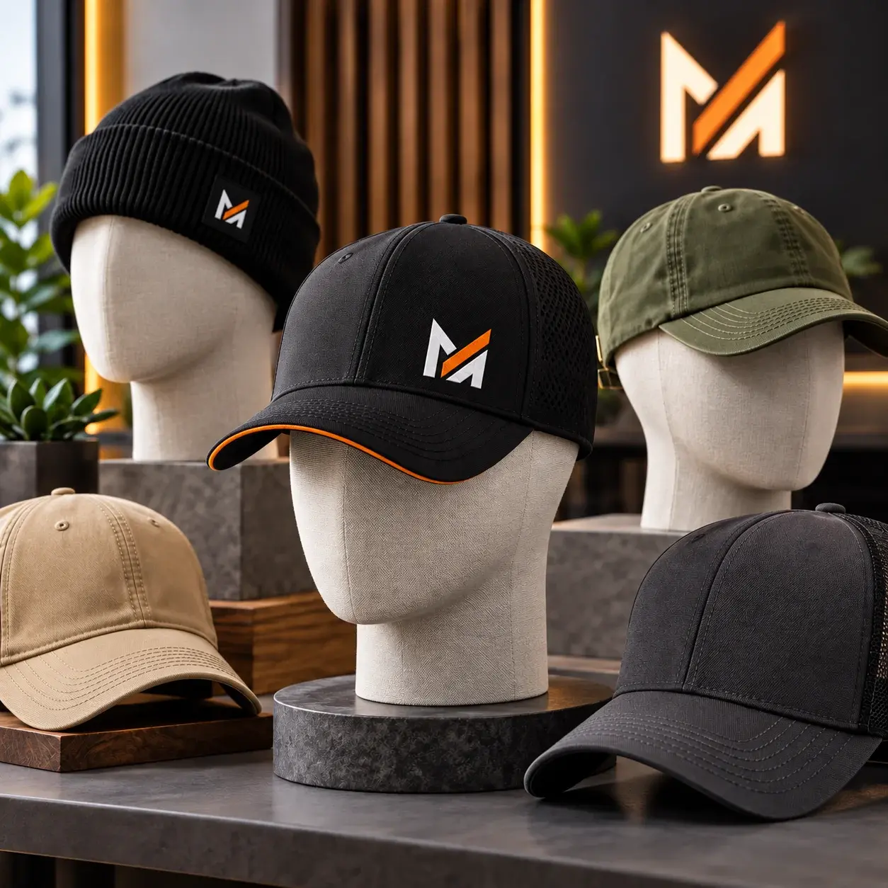 Custom black, olive, beige, and charcoal caps with a black beanie displayed on mannequin heads, featuring visible Mega Apparel logo branding in a modern showroom.